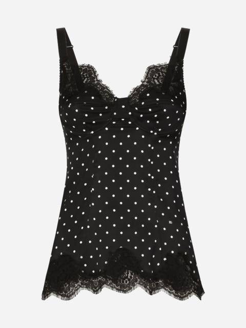 Silk lingerie-style top with polka-dot print and lace detailing