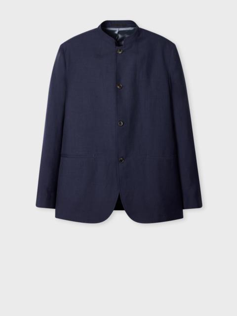 Navy Wool and Linen-Blend Collarless Jacket