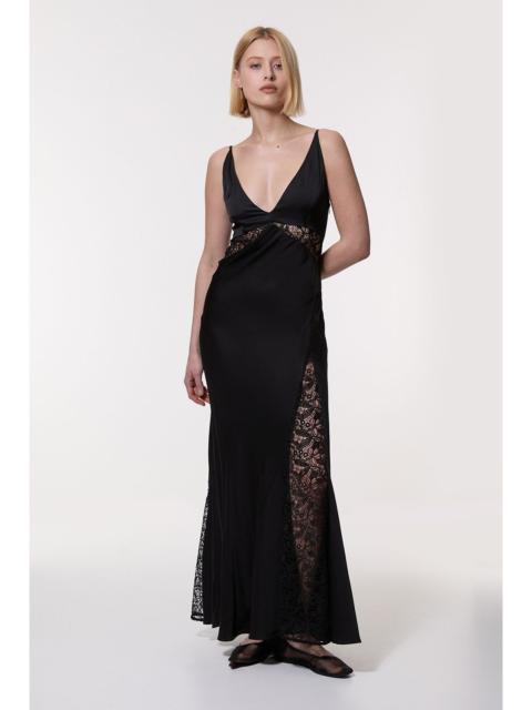 Viscose Satin Woven Maxi Dress With Lace Panelled Detail