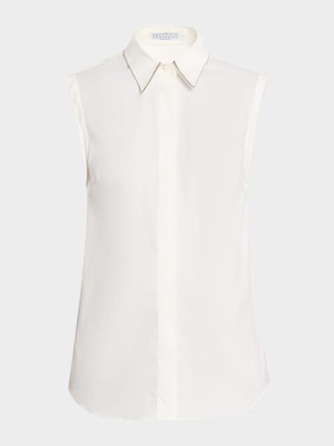 Cotton Poplin Sleeveless Top With Monili Trim