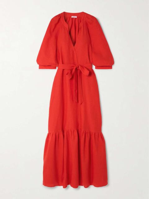 Joie tiered belted wrap-effect linen maxi dress