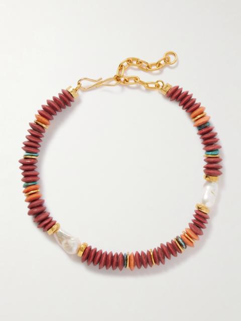 Umi Gold-plated, Turquoise And Pearl Beaded Necklace