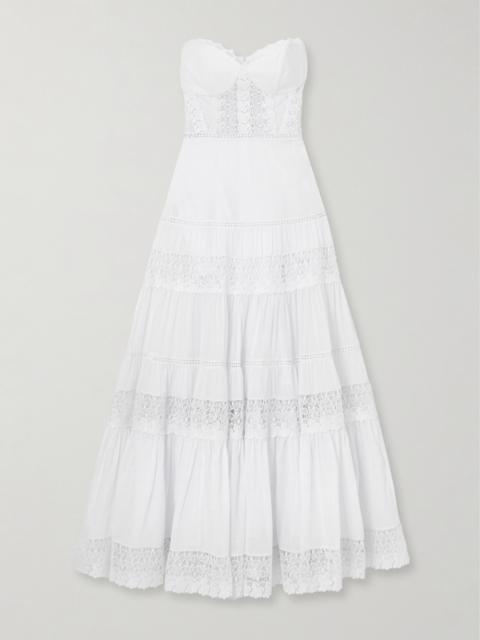 Monnet Strapless Guipure Lace-trimmed Cotton-blend Voile Maxi Dress