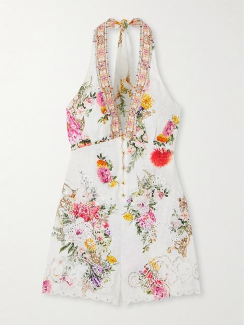 Embellished Floral-print Broderie Anglaise Linen Halterneck Playsuit