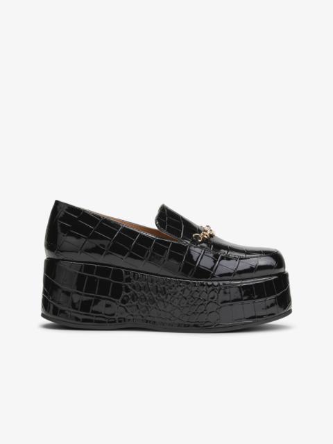 BLACK PATENT CROCO BUTTERFLY CHAIN PLATFORM LOAFERS