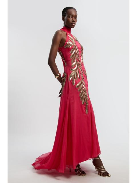 Georgette Feather Embellished Halter Neck Woven Maxi Dress