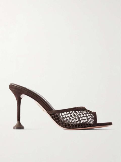 Bisous 85 suede-trimmed fishnet mules Chocolate