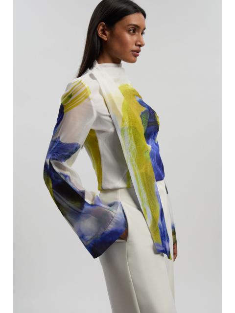 Photographic Floral Organza Scarf Detail Woven Flute Sleeve Blouse