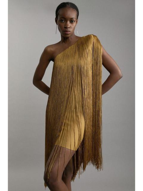 Figure Form Bandage One Shoulder Fringe Mini Knit Dress