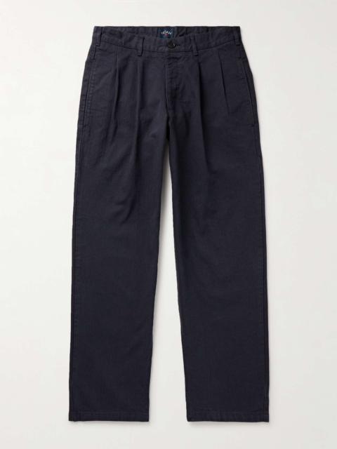 Straight-Leg Pleated Herringbone Cotton Trousers