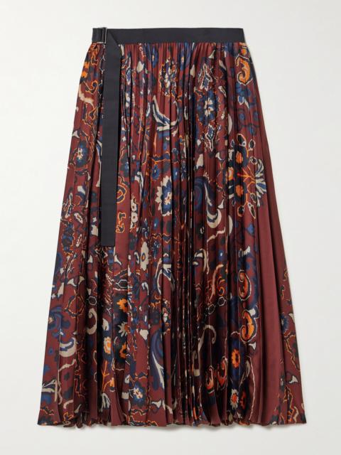 Belted Grosgrain-trimmed Pleated Floral-print Satin Midi Skirt