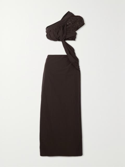 Asymmetric Cutout Fringed Gathered Crepe Maxi Dress