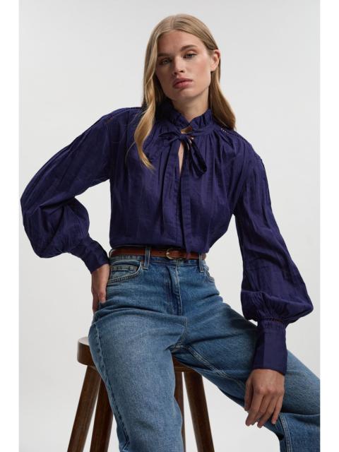 Cotton With Lace Trim Insert High Neck Puff Sleeve Blouse