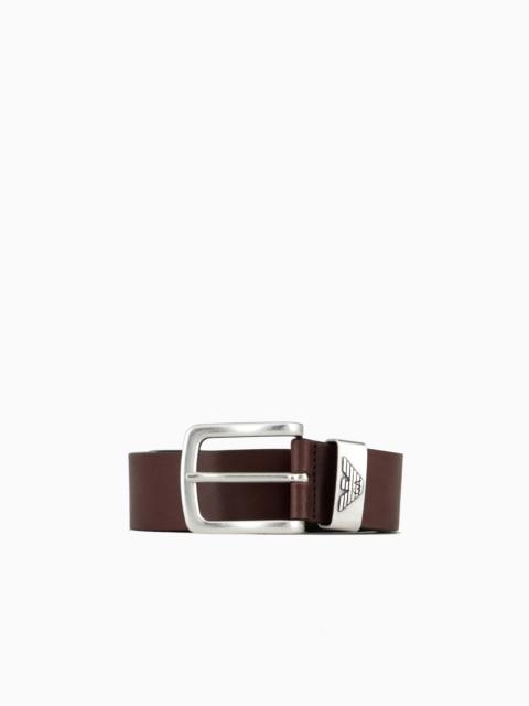 Leather belt with logo buckle