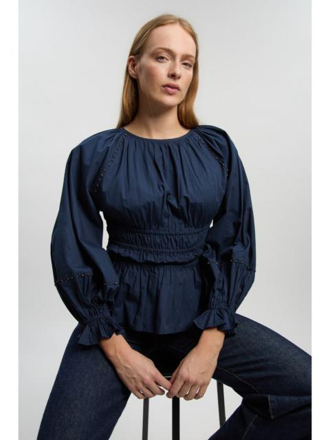 Shirred Cotton Balloon Sleeve Blouse