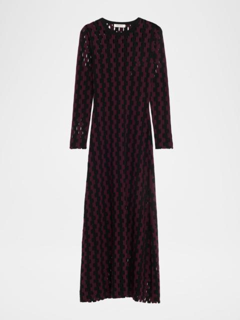 Natalie Two-Tone Open-Knit Long Sleeve Maxi Dress