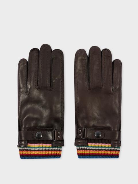 Brown Leather 'Signature Stripe' Cuff Gloves