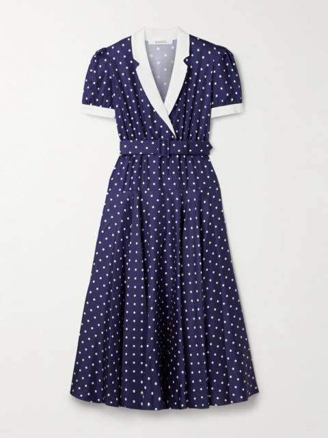 Belted Crepe De Chine-trimmed Polka-dot Silk-twill Midi Dress