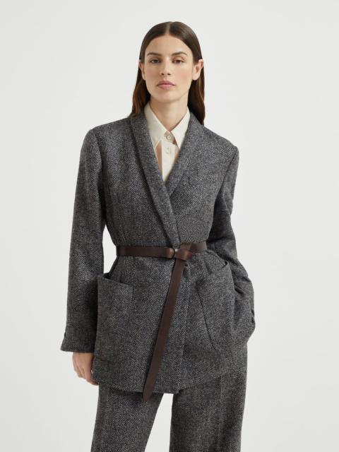 Virgin wool herringbone tweed blazer with monili and belt
