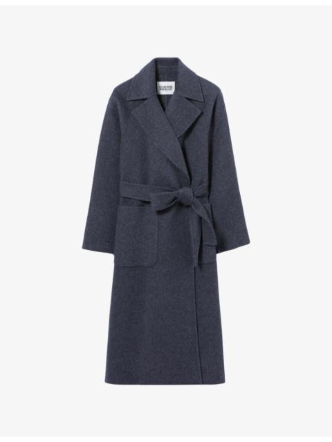 Lapel-Collar Belted-Waist Long Wool-Blend Coat