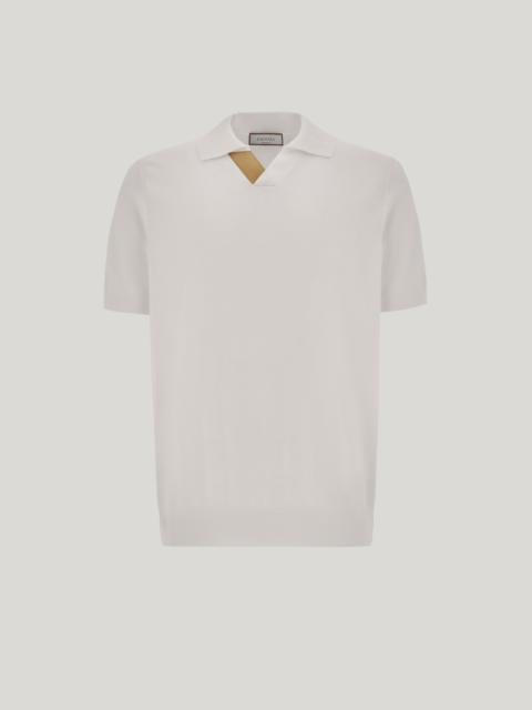 WHITE COTTON MODAL POLO SHIRT WITH LEATHER DETAILS