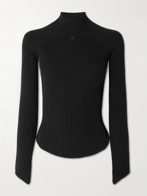 Logo-embroidered ribbed-knit mock-neck top Black