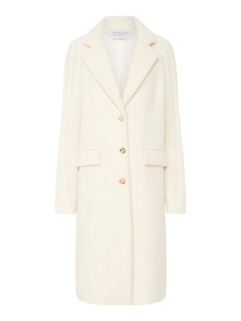 Charles Coat in Ivory Recycled Cashmere Boucle with Cable-knit Sleeves
