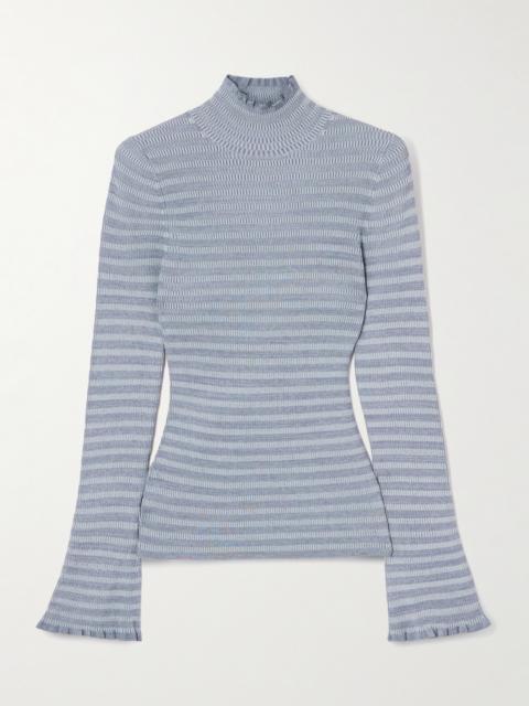 Phyllis Ruffled Striped Ribbed-knit Turtleneck Sweater