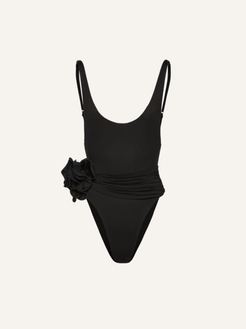 Flower scoop neck swimsuit in black