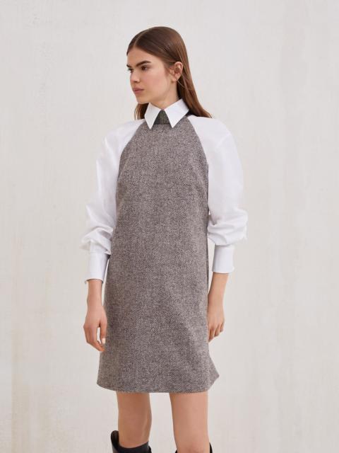 Virgin wool herringbone tweed dress with precious beaded collar