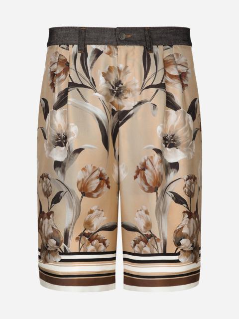 Long short with silk front and denim back