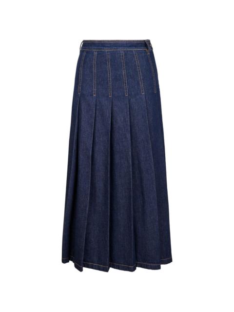 pleated denim midi skirt