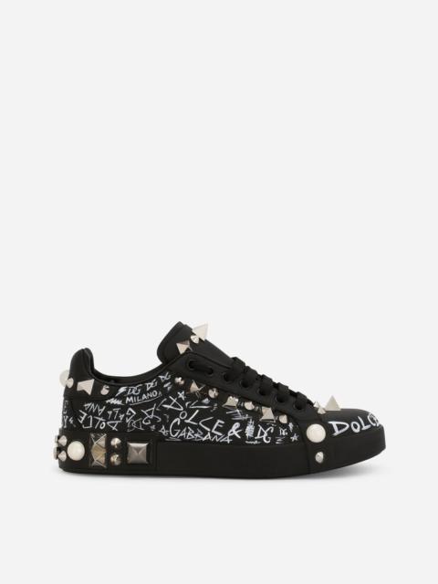 Printed calfskin Portofino sneakers with studs