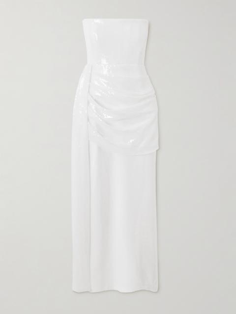 Strapless Draped Sequined Mesh Midi Dress