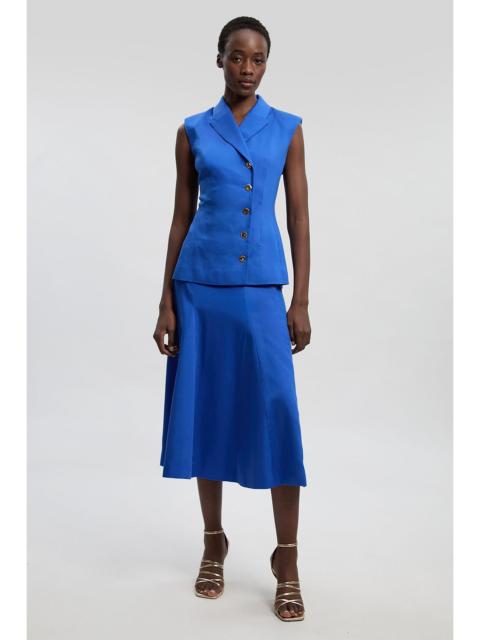 Tailored Linen Button Front Full Midi Skirt