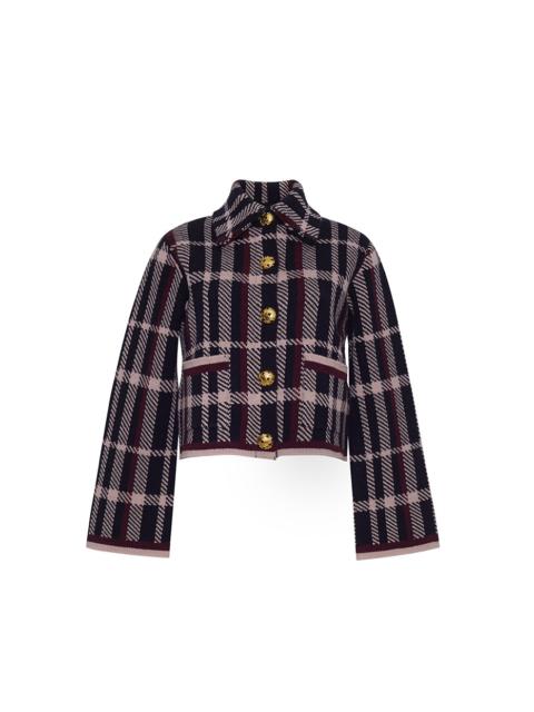 Delilah Cardigan
Boxy and Bold in Plaid Jacquard and Gilded Detail
