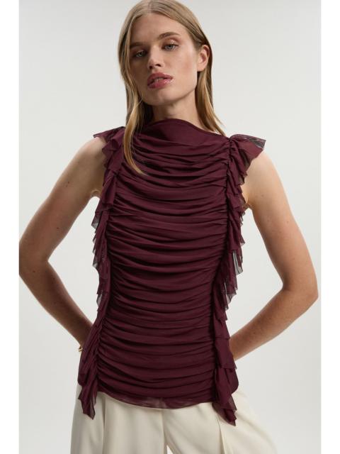 Bandage Mesh Gathered Ruffle Knit Top