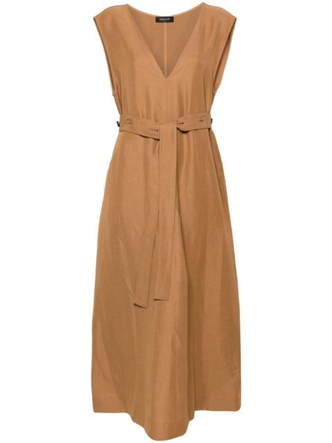 belted V-neck midi dress