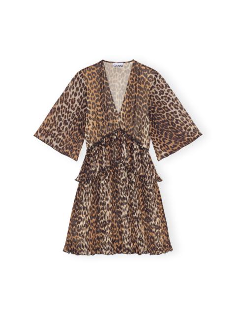 LEOPARD PLEATED GEORGETTE V-NECK FLOUNCE MINI DRESS