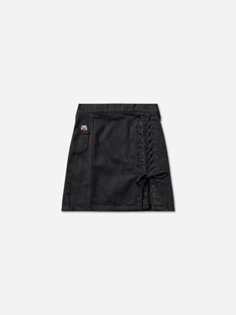 Women's Apple Panda Embroidered Side Lace-Up Denim Mini Skirt Black