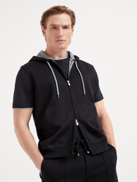 Cotton, cashmere and silk French terry double cloth vest with zipper and hood