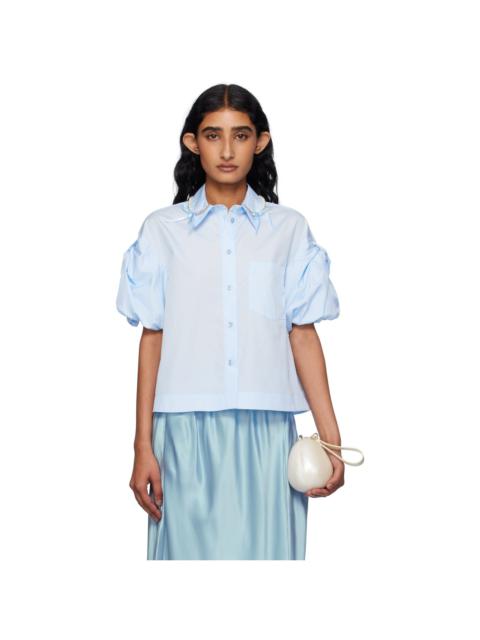 Blue Cropped Puff Bow Sleeve Shirt