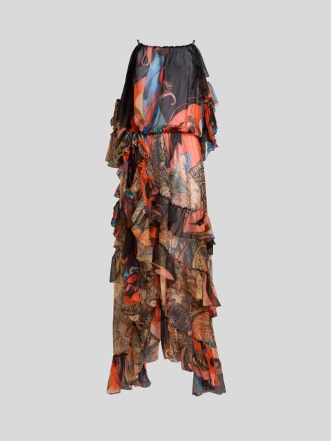 LONG SILK DRESS WITH RUFFLES AND TWO MOTIFS
