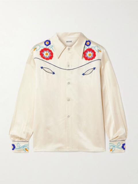 Garden Party bead-embellished embroidered silk-satin shirt Cream