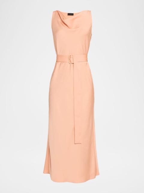 Lightweight Satin Cowl-Neck Belted Midi Dress