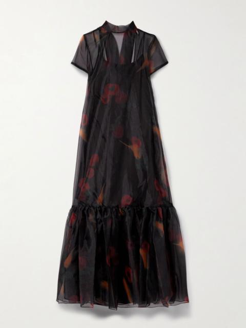 Calluna tie-neck tiered printed organza maxi dress Black