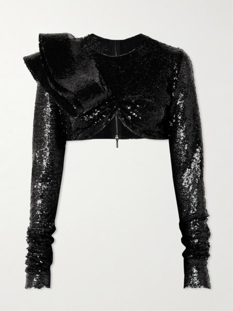 Illusion Cropped Ruffled Sequined Mesh Top