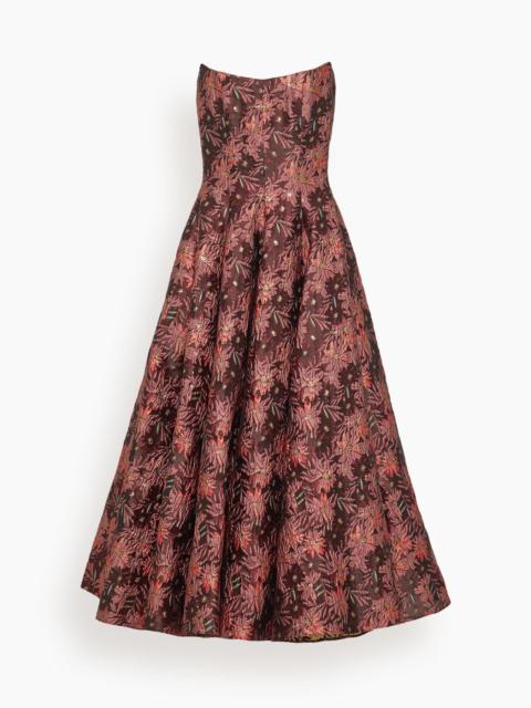 Rousseau Floral Brocade Midi Dress in Burgundy Metallic Daisy