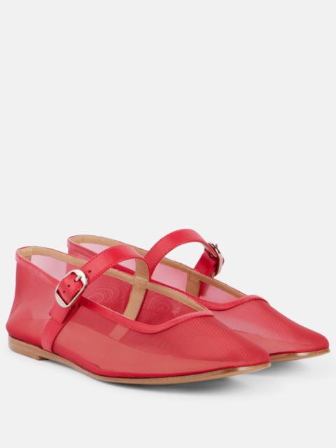 Leather-trimmed mesh Mary Jane flats