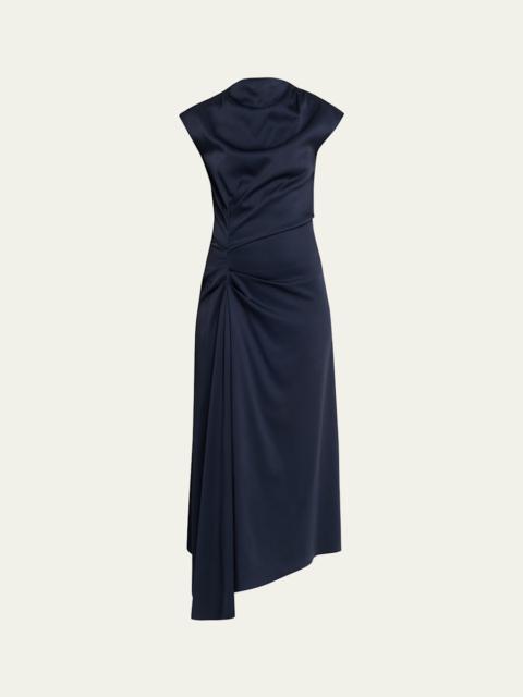 Pleated Draped High-Neck Midi Dress